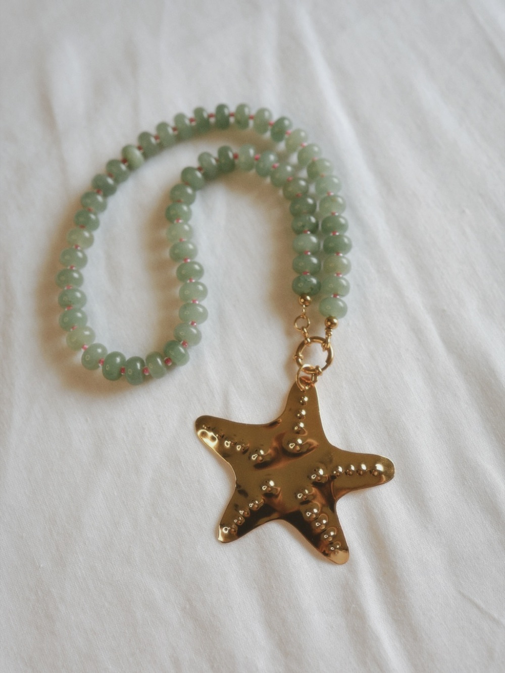 Gold Starfish Pendant Necklace with Jade Beads